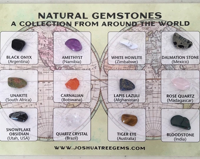 Gemstone Set, Rock Collection, Assorted Natural Gemstones from Around the World, tumble polished semiprecious stones on identification card