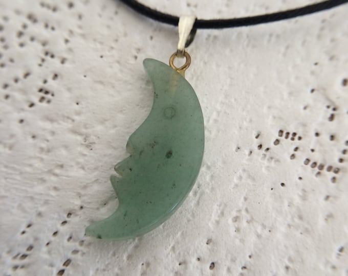 Green Aventurine Crescent Quarter Moon Carved Gemstone Pendant, Tumble Polished Stone Necklace w Adjustable Cord, Natural Stone Jewelry