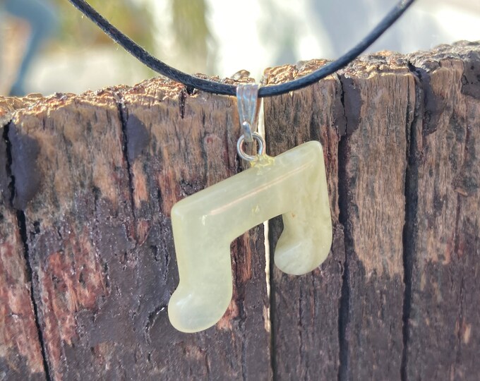 Serpentine Musical Note Shaped Carved Gemstone Pendant, Tumble Polished Stone Necklace, Your Choice of Cord, Natural Stone Jewelry
