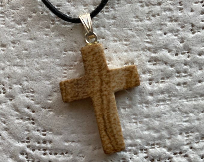 Picture Jasper Cross Shaped Carved Gemstone Pendant, Polished Stone Necklace on Adjustable Cord, Healing Stones, Christian Jewelry