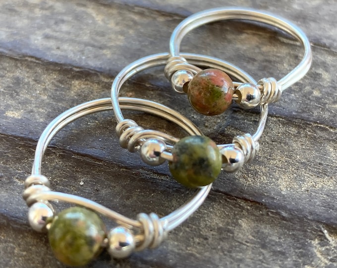 Unakite Jasper Round Gemstone Wire Wrapped Ring in .925 Sterling Silver, Assorted Size Sterling Silver Unakite Bead Rings