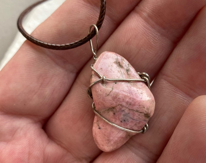 Rhodonite Nugget Gemstone Pendant Handcrafted Wire Wrapped Necklace .925 Sterling Silver