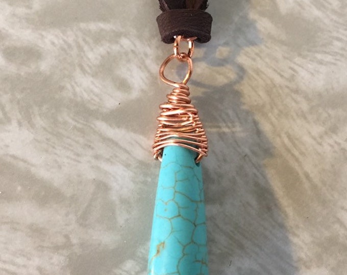 Turquoise Howlite Drop Copper Wire Pendant, Handmade Jewelry, Polished Turquoise Blue Drop Howlite Wrapped Necklace