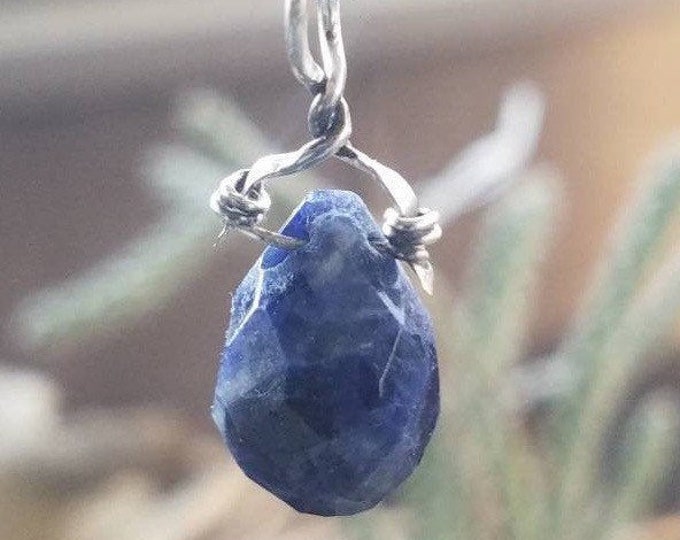 Sodalite Faceted Pendant, .925 Sterling Silver Handmade Wire Wrapped Necklace, Teardrop Briolette Bead, Blue Polished Stone