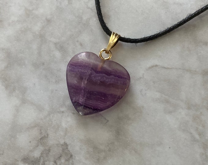 Purple Fluorite Heart Pendant, Banded Fluorite Heart Shape Necklace on Black Cord, Fluorite Crystal Necklace, Gemstone Heart, Fluorite Bead