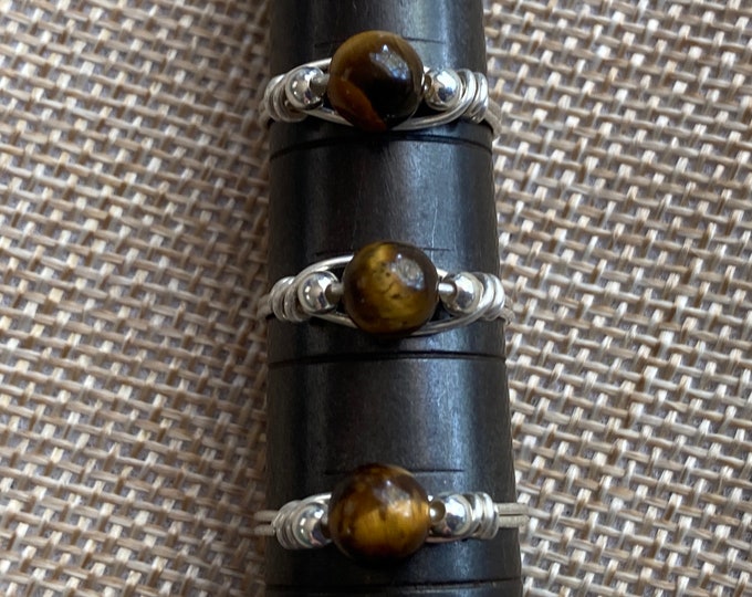 Gold Tiger Eye Round Gemstone Wire Wrapped Ring in .925 Sterling Silver, Assorted Size Sterling Silver Tiger's Eye Bead Rings