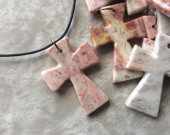 Onyx Cross Carved Gemstone Pendant, Pink & White Onyx Stone Roman Cross Necklace on Black Cord Mexican Onyx, Christian Jewelry Cross Pendant