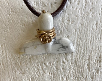 Howlite Whale Tail Shape Gold Filled Wire Wrapped Pendant, Handmade, Polished Carved White Howlite Whale Tail Shape Necklace