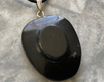 Black Onyx Western Cowboy Hat Gemstone Pendant, Necklace, Adjustable Cord, Natural Carved Stone Gemstone Jewelry