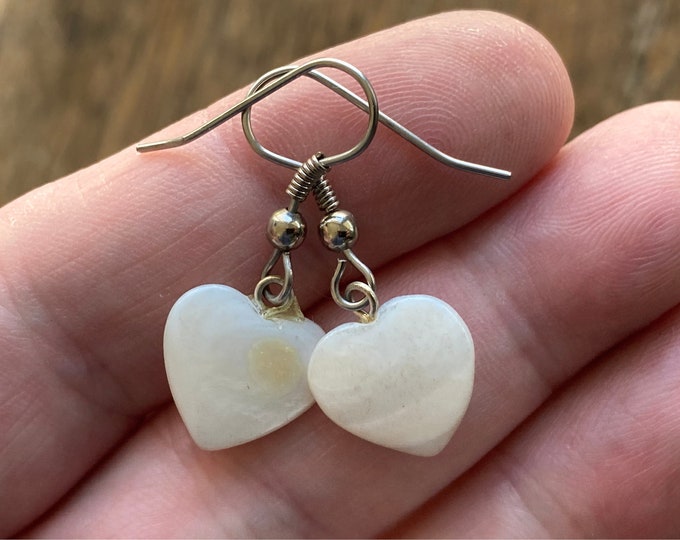 Handcrafted White Mother of Pearl Heart Shape, Surgical Steel Hook Earrings, Handmade Jewelry, Howlite Heart Ear Ring