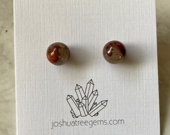Red Brecciated Jasper post earrings, 8mm gemstone ball stud earring pair, surgical steel ear post w/ silicone earring back, crystal jewelry
