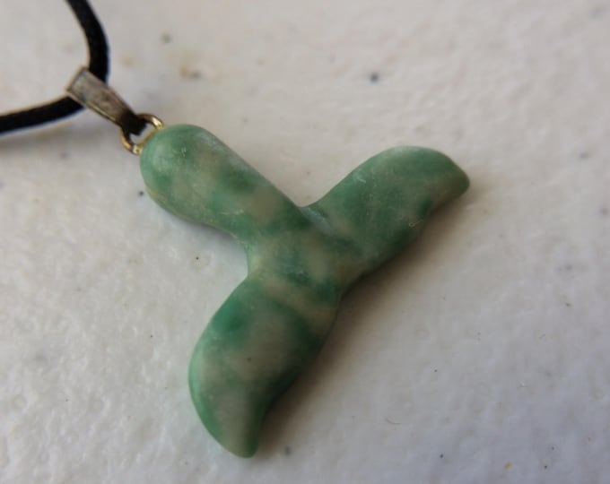 Green Amazonite Whale Tail Shape Carved Gemstone Pendant, Tumble Polished Stone Necklace on Adjustable Cord, Natural Stone Jewelry