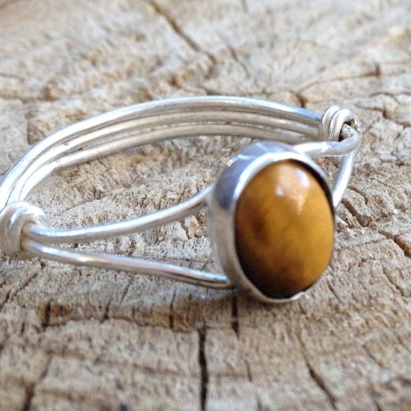 Gold Tiger Eye Cab Sterling Silver Ring, Hand-wrought Sterling Silver Gold Tiger Eye Cabochon Ring, Handmade Jewelry