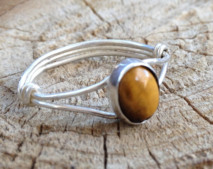 Gold Tiger Eye Cab Sterling Silver Ring, Hand-wrought Sterling Silver Gold Tiger Eye Cabochon Ring, Handmade Jewelry