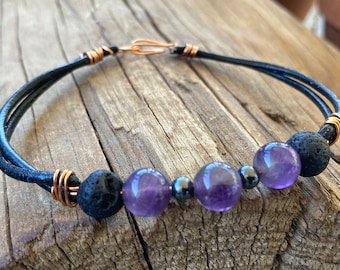 Amethyst Bead Leather & Copper Bracelet, Purple Amethyst Gemstone Bead Leather Bracelet, Amethyst Round Beads, Chakra Crystal