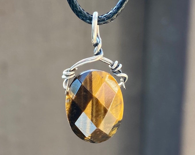 Tiger Eye Faceted Oval Pendant, .925 Sterling Silver Handmade Wire Wrapped Necklace, Tumble Polished, Reiki Chakra Healing Stone
