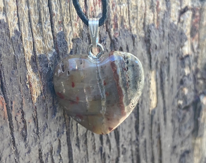 Banded Agate Heart Shaped Carved Gemstone Pendant, Tumble Polished Stone Necklace on Adjustable Cord, Natural Stone Jewelry