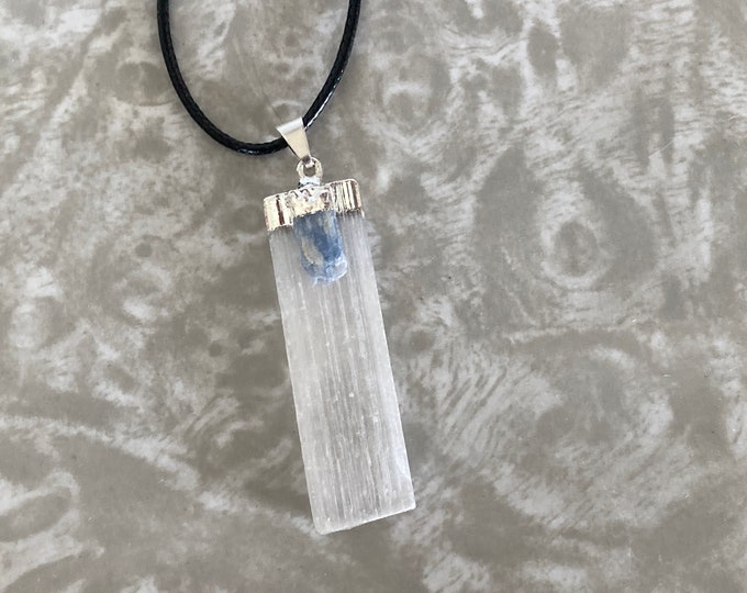 Selenite Crystal Necklace w/ Kyanite Accent, White Selenite Blade + small Blue Kyanite Pendant on adjustable cord, for Peace, Aura Cleansing