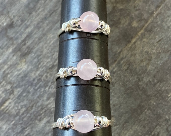 Rose Quartz Round Gemstone Wire Wrapped Ring in Silver Plated Wire, Assorted Size Silver Plate Pink Quartz Rose Quartz Bead Rings