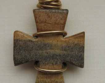 Cross Pendant, Jasper "Sand Stone", 14k Gold Filled Wire Wrapped Gemstone Jewelry Necklace