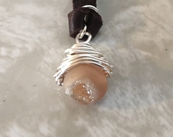 Frosted Agate Silver Plated Wire Pendant, Handmade Jewelry, Agate Wrapped Necklace
