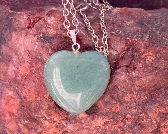 Green Quartz Aventurine Heart Necklace, Green Quartz Gemstone Pendant, Crystal Necklace, Heart Charm Green Stone Jewelry w/ 16" silver chain