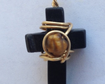 Black Onyx Cross Pendant Gold Filled with Tiger Eye Bead, Handmade Gold-filled Wire Wrapped Black Onyx Cross, Joshua Tree Gems!