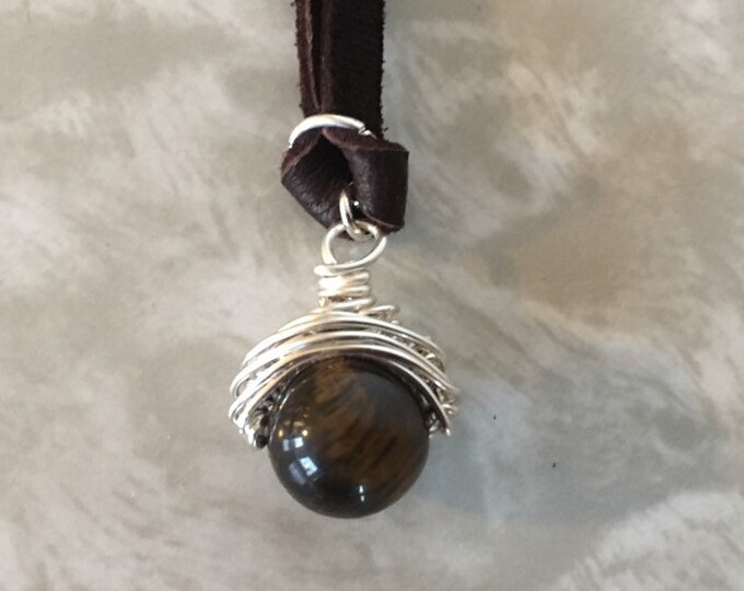 Polished Gold Tiger-Eye Silver Plated Wire Pendant, Handmade Jewelry, Cat's Eye Bead Wrapped Necklace