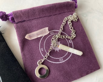 Mini Pendulum Kit, Handmade Silkscreen Printed Divination Bag and Handcrafted Gemstone Pendulum Set, Includes Free Quartz Crystal