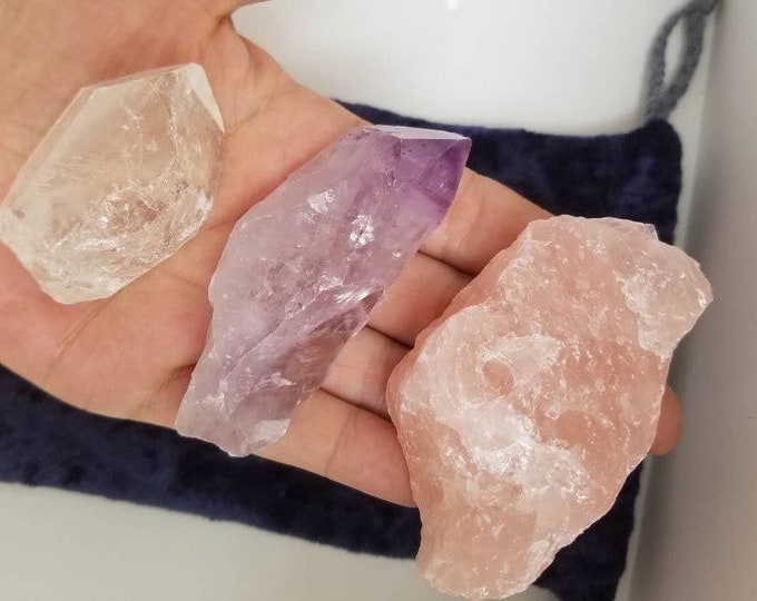 Healing Love Crystal Kit - Rose Quartz, Amethyst Point, Clear Quartz Point, Large Unpolished Natural Rough Raw Crystals w Crushed Velvet Bag