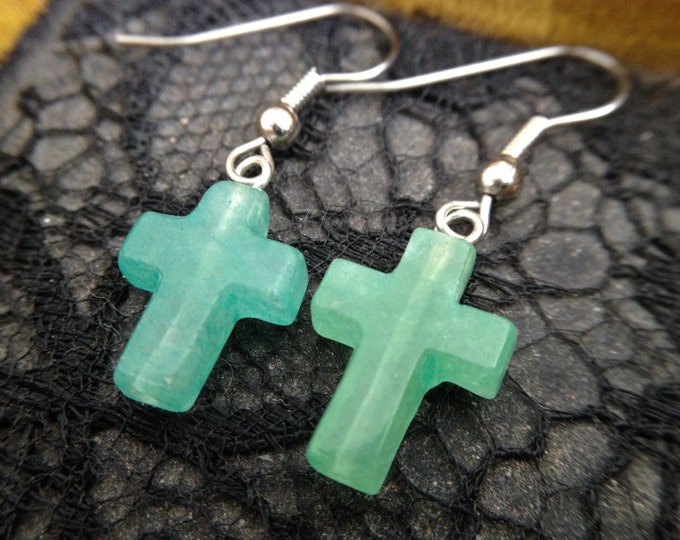 Handcrafted Aventurine Cross Shape Polished Aventurine Cross,  Surgical Steel Hook Earrings, Handmade Jewelry