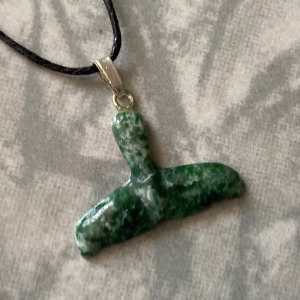 Green Tree Agate Whale/Dolphin Tail Carved Gemstone Pendant, Tumble Polished Stone Necklace on Adjustable Cord, Natural Stone Jewelry
