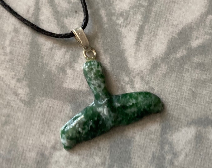 Green Tree Agate Whale/Dolphin Tail Carved Gemstone Pendant, Tumble Polished Stone Necklace on Adjustable Cord, Natural Stone Jewelry