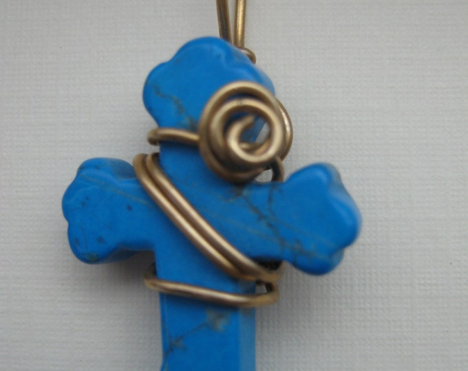 Turquoise Howlite Carved Gemstone Cross Pendant, Gold Filled 14k Wire Wrapped Necklace