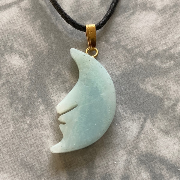 Amazonite Crescent Moon Gemstone Pendant, Quarter Moon Crystal Necklace, Celestial Moon Pendant w Necklace Cord, Natural Stone Jewelry