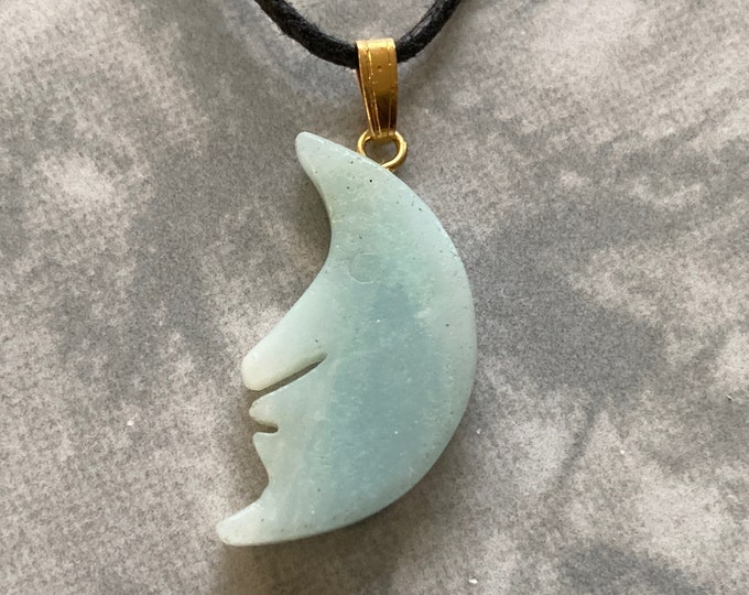 Amazonite Crescent Moon Gemstone Pendant, Quarter Moon Crystal Necklace, Celestial Moon Pendant w Necklace Cord, Natural Stone Jewelry