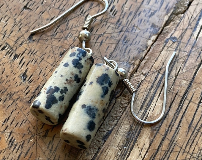 Dalmatian Stone Cylinder Earrings, Surgical Steel Hook Earrings, Handmade Jewelry