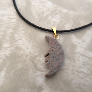 Mottled Jasper Crescent Quarter Moon Carved Gemstone Pendant, Tumble Polished Natural Stone Jewelry, Necklace w Adjustable Cord