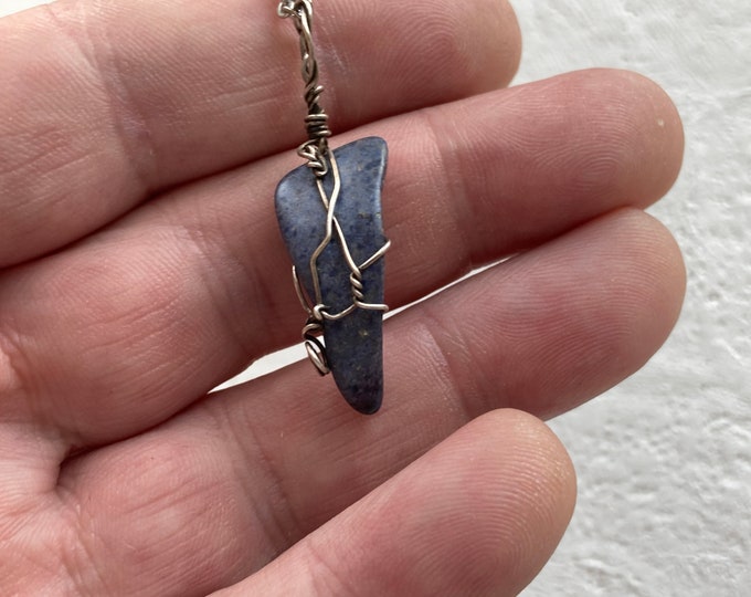 Dumortiertite Nugget Gemstone Pendant Handcrafted Wire Wrapped Necklace .925 Sterling Silver, Polished Blue Quartz, Silver-tone Chain