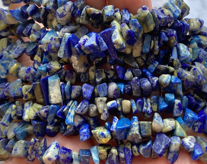 Blue Lapis Lazuli Gemstone Chip Strand 32" Full Strand Beads, Tumble Polished Crystal Gemstone Chip Necklaces, Drilled Pebble Small Chips