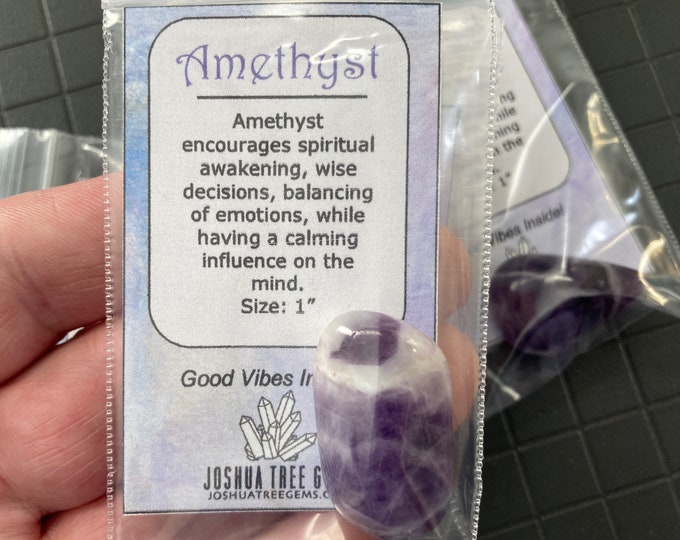 Amethyst Tumbled Stone with Spiritual Property Card lot of 1, Purple Amethyst Tumble Polished Natural Gemstone, grid, altar, or pocket piece