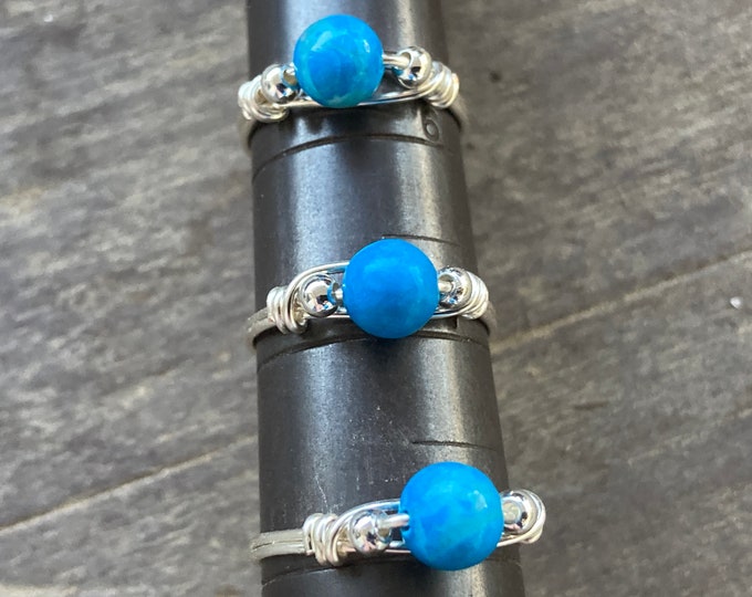 Howlite Turquoise Round Gemstone Wire Wrapped Ring in Silver Plated Wire, Assorted Size Silver Blue Dyed Howlite Turquoise Bead Rings
