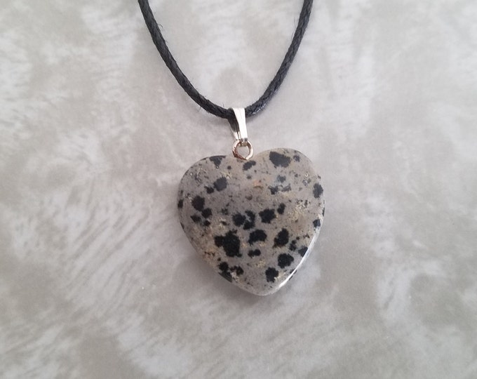 Dalmatian Stone Heart Shaped Carved Gemstone Pendant, Gemstone Jewelry Heart Necklace on Silver Chain, Dalmatian Jasper Heart Pendant Charm