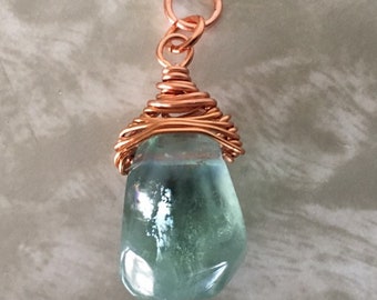 Fluorite Freeform Drop Copper Wire Pendant, Handmade Jewelry, Fluorite Wire Wrapped Necklace With Cord and Clasp