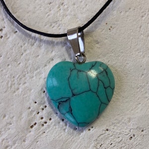 Heart Shape Gemstone Pendant - Turquoise Dyed Howlite, Carved Crystal Heart Necklace, Charm, Bead, Natural Stone Jewelry on Adjustable Cord