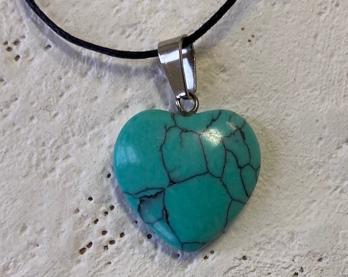 Heart Shape Gemstone Pendant - Turquoise Dyed Howlite, Carved Crystal Heart Necklace, Charm, Bead, Natural Stone Jewelry on Adjustable Cord