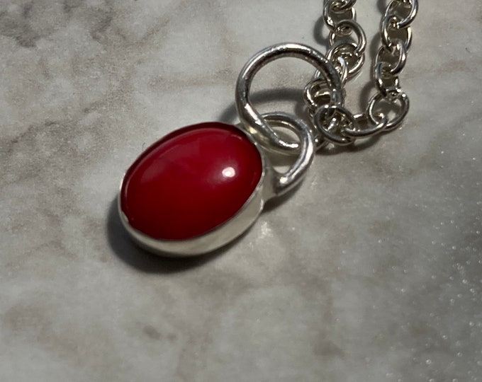 Red Coral & Sterling Silver Hand-Made Pendant, Red Coral Gemstone Cabochon, Natural Red Coral Oval Cabochon Pendant