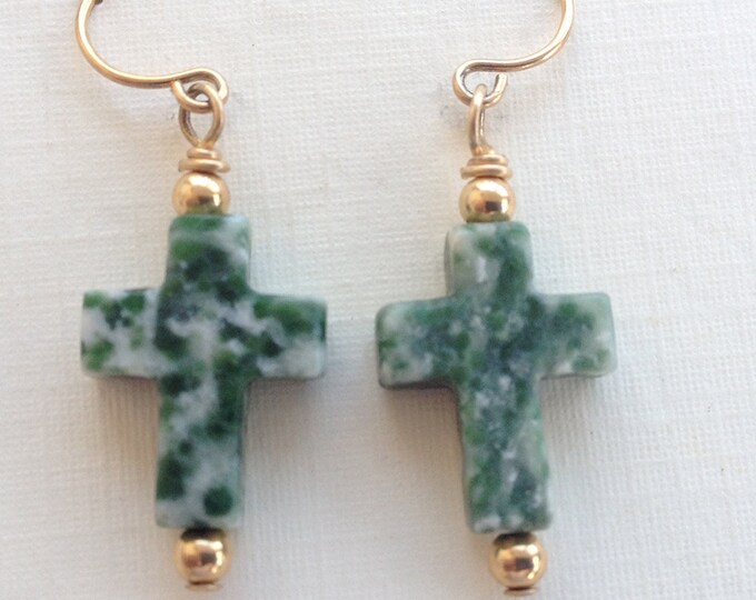 Cross Shaped Agate Earrings Gold Filled Wire Mounted, Gold-Filled Ear Hook, Genuine Tree Agate Cross Earrings