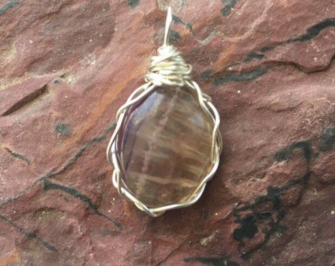 Fluorite Gemstone Pendant, .925 Sterling Silver Handmade Wire Wrapped Necklace, Polished Cabochon, Reiki Chakra Healing Stone