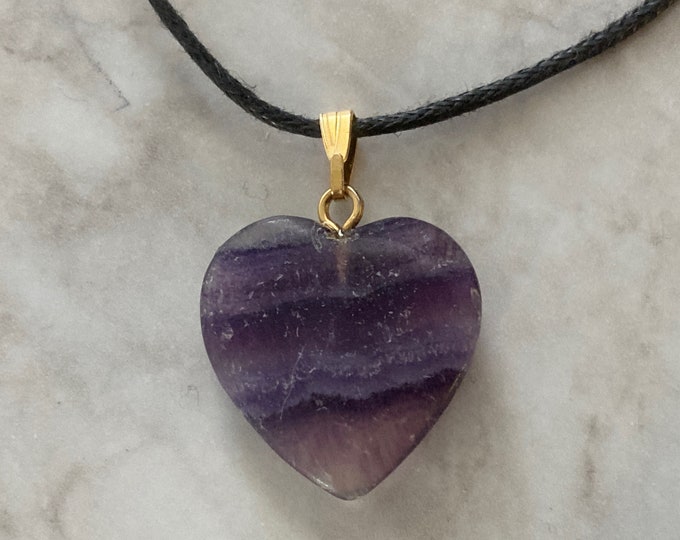 Purple Fluorite Heart Pendant, Banded Fluorite Heart Shape Choice of Necklace , Fluorite Crystal Necklace, Gemstone Heart, Fluorite Bead